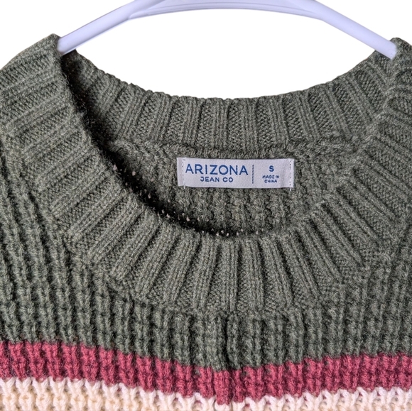 New Arizona Jean Co Olive Green Cream Maroon Red Striped Sweater Holiday Crew - Picture 3 of 11